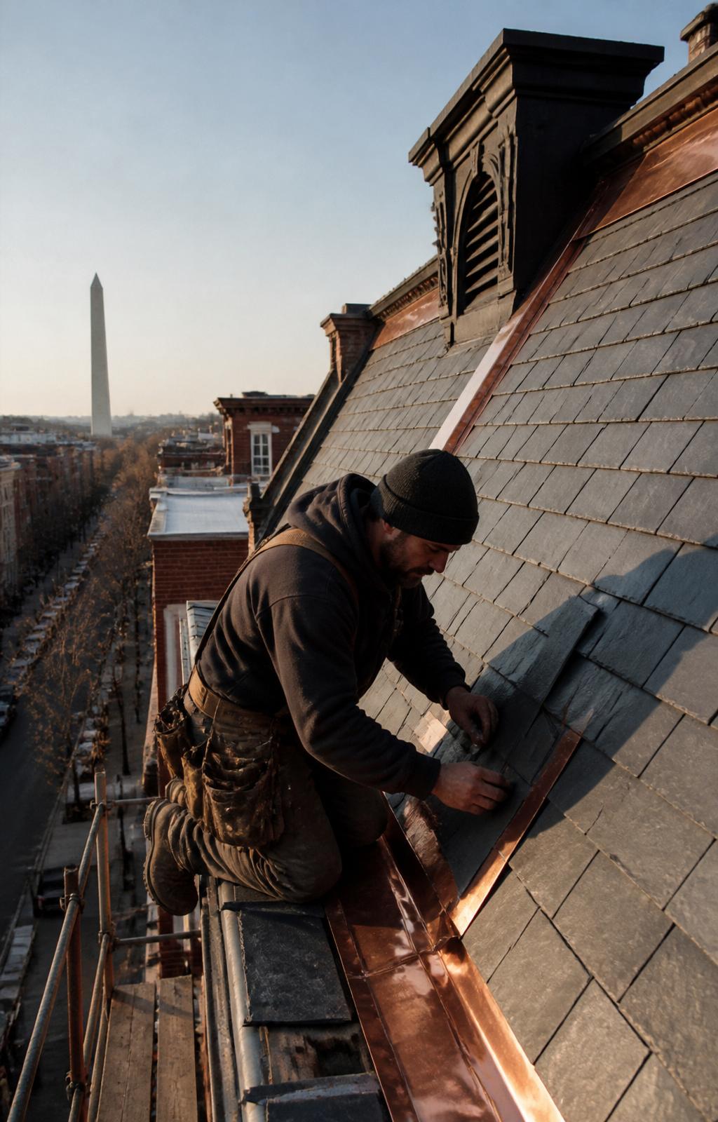 Boyd craftsman installing a slate roof on a Washington DC rowhouse with copper flashing